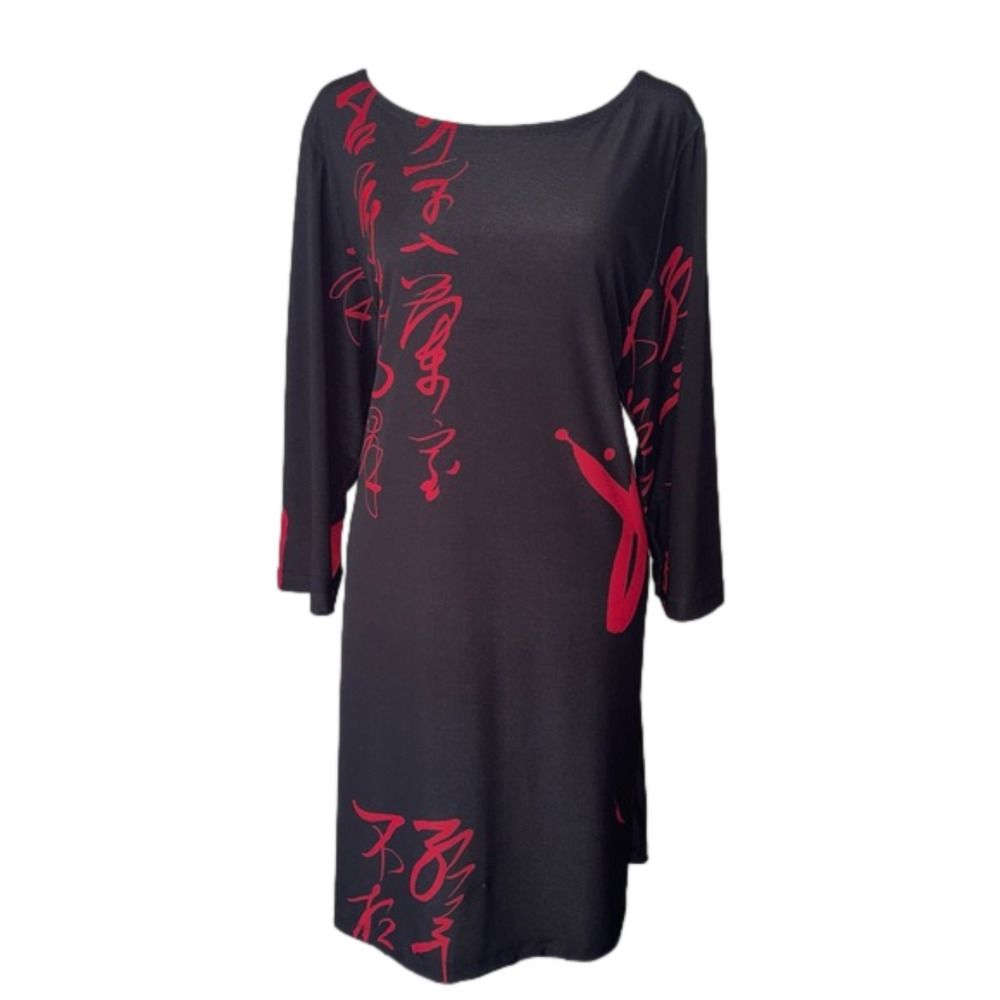 Anne Namba A-Line Graffiti Dress or Long Tunic Washable Scoop Neck 3/4 Sleeve L